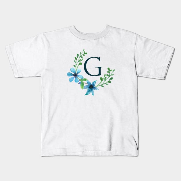 Floral Monogram G Pretty Blue Flowers Kids T-Shirt by floralmonogram